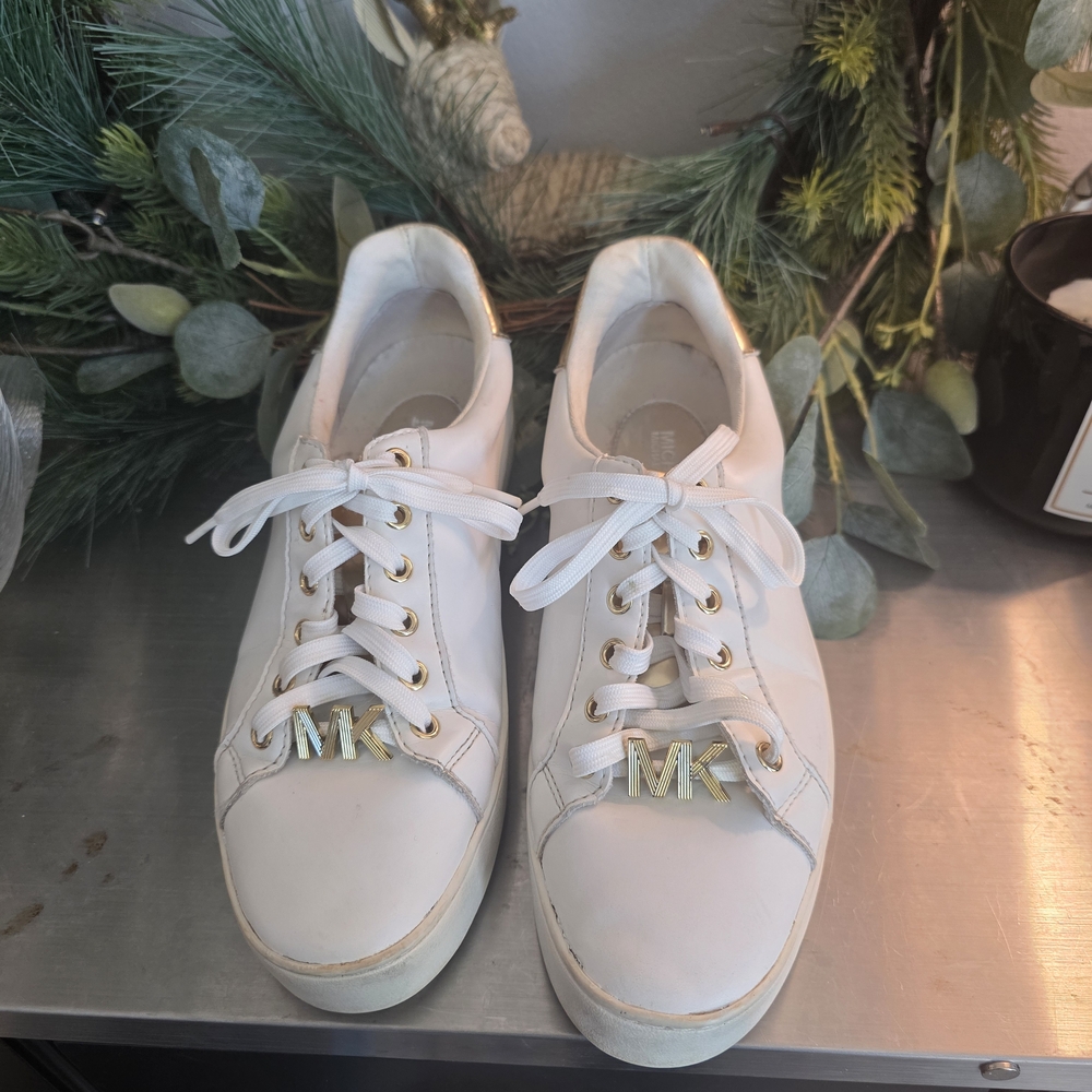 Michael Kors White Leather Sneakers with Gold MK Accent